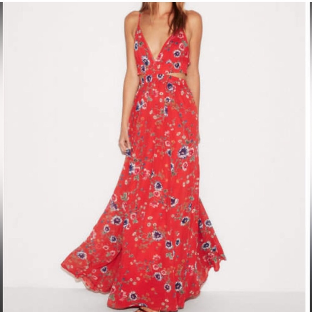 Red Floral V-Neck Maxi Dress